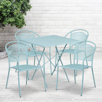 Flash Furniture CO-28SQF-03CHR4-SKY-GG 28" Square Steel Folding Patio Table Set with 4 Round Back Chairs in Blue